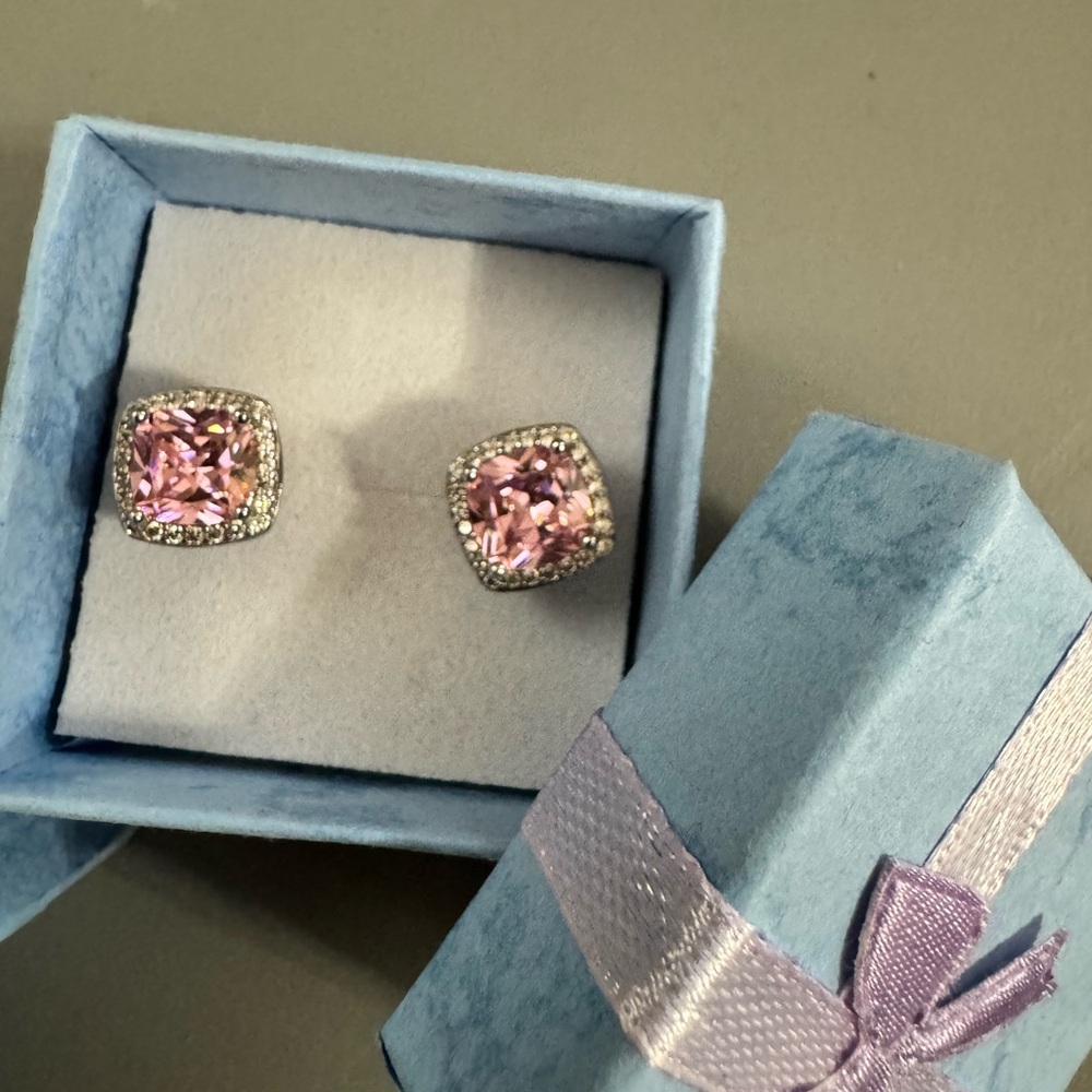 Elegant Silver and Pink Stud Earrings - Picture 2 of 6